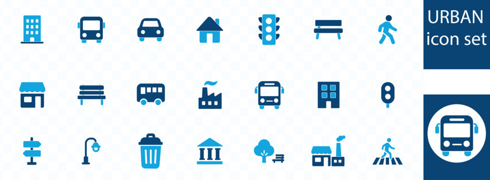 A collection of flat blue urban icons depicting buildings transportation street furniture and pedestrian elements high quality professional detailed modern elegant stylish clean