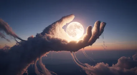 Papier peint photo Chambre de fille Giant cloud hand holding a luminous full moon against a beautiful twilight sky.  © Fitria
