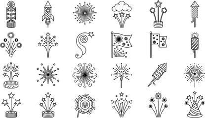Fototapeta premium Fireworks Icon Set with Sparkler, Rocket, Burst, and Celebration Effects in Outline Style for Festival and Holiday Design Elements