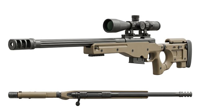 Modern FDE Bolt Action Sniper Rifle with Large Muzzle Brake and Scope, Isolated on White