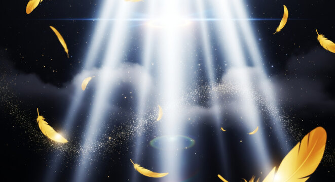 舞い落ちる黄金の羽根と天から降り注ぐ神々しい光の幻想的な背景