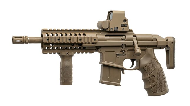 Modern FDE Tactical Carbine with Holographic Sight and Quad-Rail System, Isolated on White