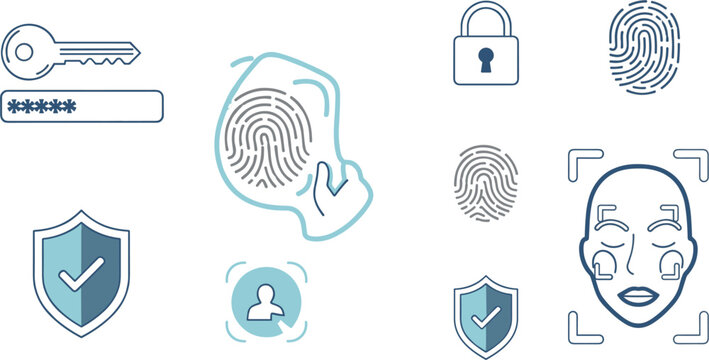 Biometric security icons set with fingerprint face recognition password lock and identity verification symbols flat vector illustration