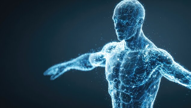 Digital human body composed of glowing blue energy particles