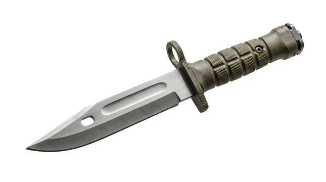 Military M9 Bayonet with Olive Drab Handle and Wire Cutter Hole Isolated on White
