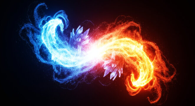 炎と氷が衝突する抽象的なエネルギー背景、赤と青の魔法のエフェクト素材