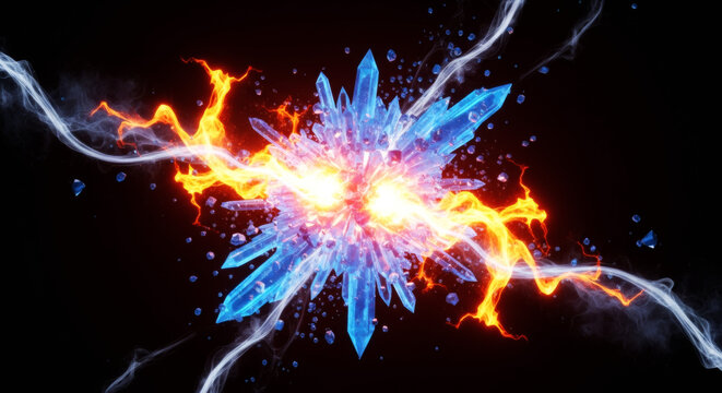 氷と炎が激しく衝突する抽象的なエネルギー爆発の背景素材