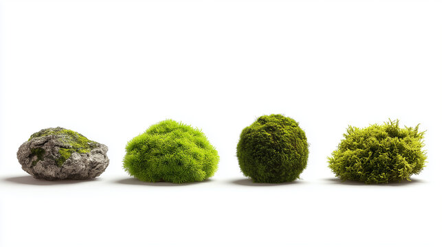 front view of 4 different moss types isolated on pure white background, set of natural green moss tufts and mossy rock, botanical collection of various moss species for landscape design