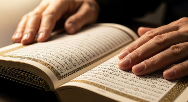 Person reading a book with handwritten text, close-up view of hands