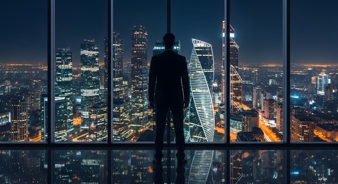 A successful businessman stands silhouetted against a panoramic window, gazing at a breathtaking, illuminated modern city skyline at night, embodying ambition and leadership.