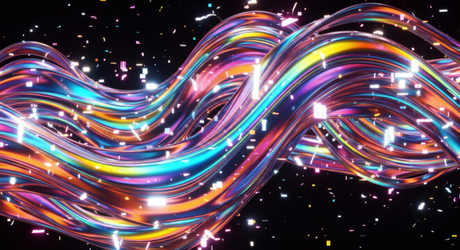 虹色に輝く抽象的な光の波と粒子の背景素材