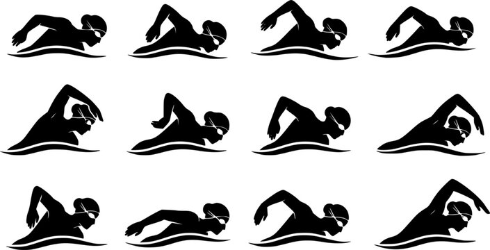 Swimming silhouettes, Swimmer silhouette, Woman swimming silhouette, Swimmer svg, Backstroke swimmer silhouette, Swimming svg, Swimming goggles silhouette, Swimmer icon bundle 
