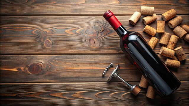 A bottle of red wine rests on a rustic wooden surface, surrounded by wine corks and a corkscrew, ready for an evening of relaxation and enjoyment.