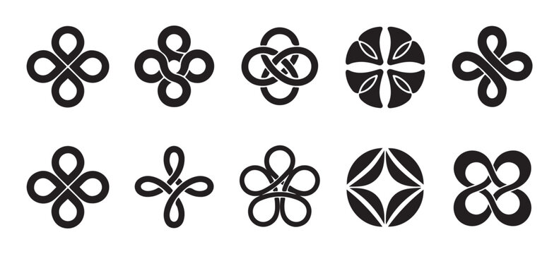 Interlocking loop symbols and geometric infinity knot icons for branding identity and decorative ornaments.