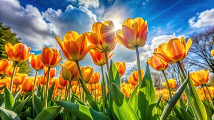 Fototapeta premium Vibrant orange tulips bask in the sunlight, their petals glowing under a brilliant blue sky dotted with fluffy white clouds, creating a breathtaking springtime scene of natural beauty