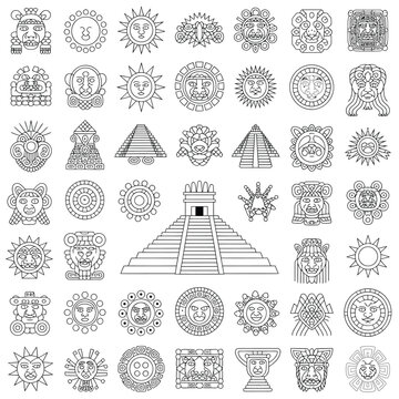 Ancient mayan and aztec symbols glyphs and temple illustrations collection