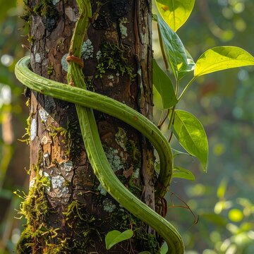 A green snake wrapped around a tree trunk with moss