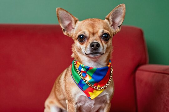 A small chihuahua wearing a gucci jacket and a gold chain
