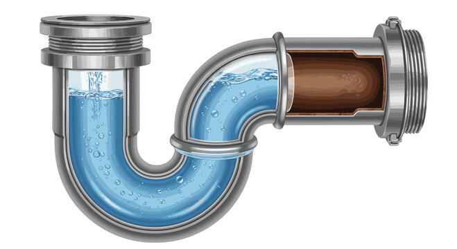Illustration of Plumbing Pipe System with Flowing Water Showing Drain, U Bend, and Connection for Sanitation, Maintenance, and Engineering Designs