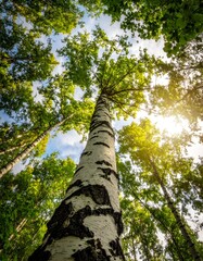 Fototapeta premium Looking Up at a Majestic Birch Tree in a Forest Canopy.