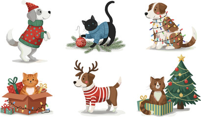 Fototapeta premium Vector Set of Cute Christmas Animals Including Dogs and Cats Wearing Holiday Sweaters, Playing with Decorations, and Sitting by a Christmas Tree