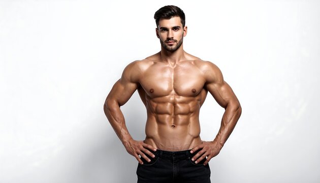 Muscular, tan man with hands on hips, showcasing toned torso and defined abs against a stark white background