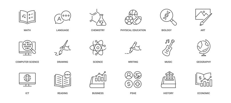 School Subjects Icon Set containing math, language, chemistry, physical education, biology, art, computer science, drawing, science, writing, music, geography, ICT, reading, vector icons