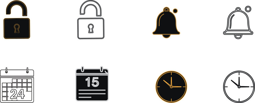Professional organization and security icon set featuring open padlock notification bell calendar and analog clock symbols for scheduling