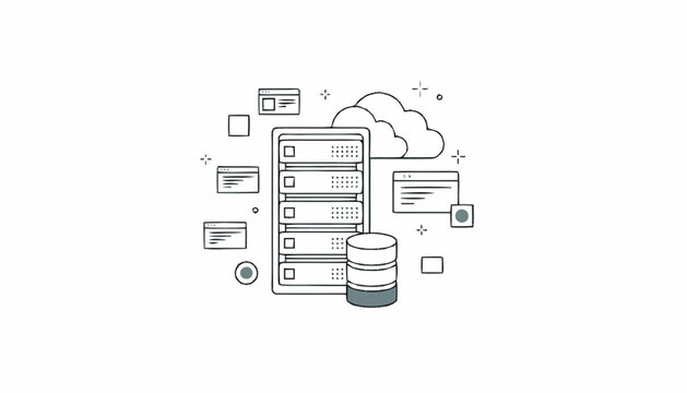 Minimalist server rack and cloud computing concept illustration.