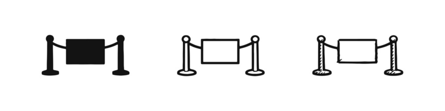 Museum gallery rope barrier stanchion icon set. Exhibit information sign stand, flat and hand-drawn doodle style.