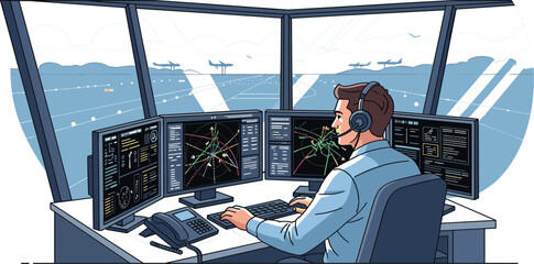 Air Traffic Controller Working at Radar Station with Multiple Screens Monitoring Aircraft for Aviation Safety, Airport Operations and Flight Navigation Illustration © Nilota