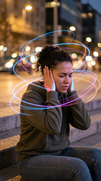 Frau mit Tinnitus und Ohrenschmerzen &uuml;berfordert in lauter Stadt Surreal
