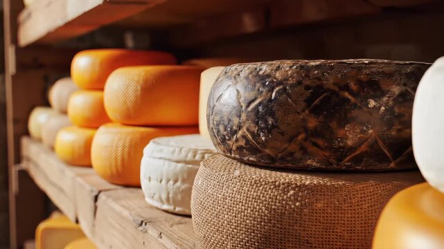 Aging Cheese Wheels on Wooden Shelves in a Cellar.
