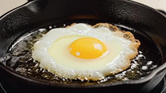 Closeup of a perfectly fried egg sizzling in a cast iron skillet.