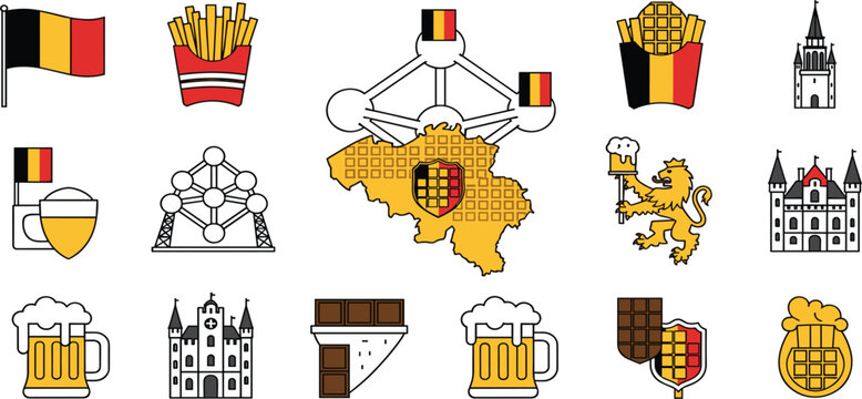 Belgium Icon Set with Flag, Map, Waffles, Beer, Chocolate, Atomium and Landmarks for Travel Illustration, Cultural Design and European Tourism Graphics
