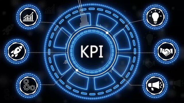 Animated kpi key performance indicator icon set surrounded by neon blue elements.4k animation.