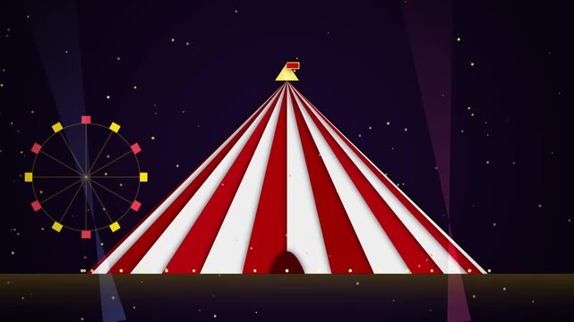 Retro pixel art circus tent and Ferris wheel at night, with twinkling lights and festive atmosphere