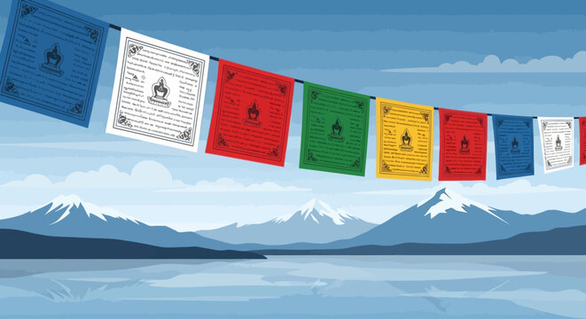 Buddha prayer flags hang on a mountain range on a sunny Day