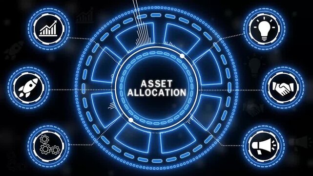 A futuristic infographic displays "ARTIFICIAL INTELLIGENCE STRATEGY" in the center within a glowing blue neon circle. Surrounding the circle are six smaller circular icons.4k animation.