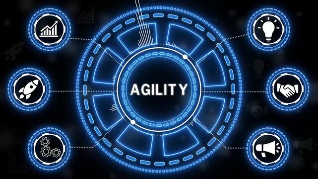 A central neon blue glowing circle on a dark background displays the word "AGILITY" in white. Radiating outwards via dashed lines are six white circular icons.