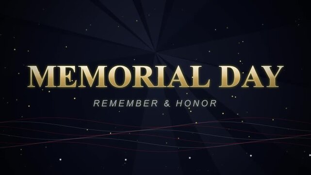 memorial day text animation, remember and honor, solemn occasion, patriotic tribute, remembrance, military service, fallen heroes, gold lettering, dark background, celebratory