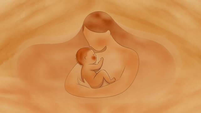 Mother's Embrace: Tender illustration of a mother cradling her infant, symbolizing unconditional love, warmth, and the sacred bond of motherhood.