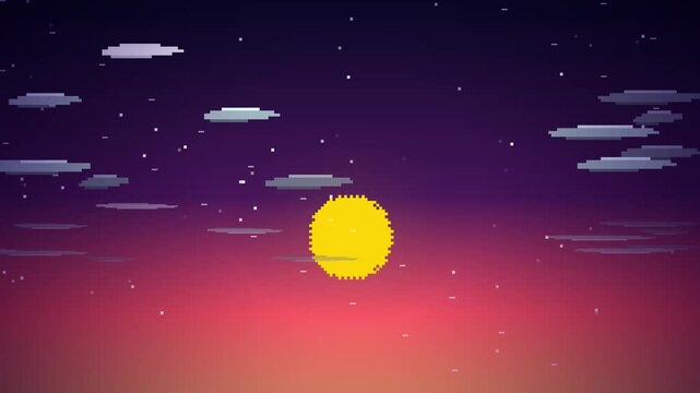 Pixel art sunset with yellow sun and clouds, retro 8-bit style sky, digital illustration, gaming aesthetic, atmospheric background