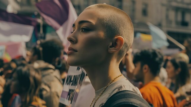 Young person with a buzz cut at a pride parade, looking determined