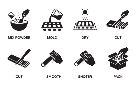 Soap making process vector illustration mix mold dry cut smooth snote pack.