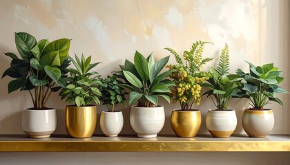 Fototapeta premium Collection of Potted Plants Displayed on a Wooden Shelf.