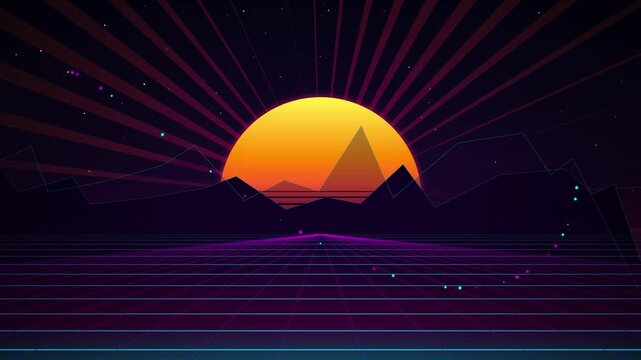 Retro pixel sun setting over mountains and digital grid landscape, synthwave aesthetic, vibrant neon colors, abstract 80s vaporwave background, digital art