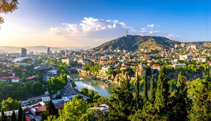 Obraz premium Cityscape nestled beside a river, framed by greenery and rolling hills under a sunny, partly cloudy sky