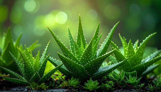 Lush aloe vera plants with spiked leaves against a blurred green bokeh backdrop