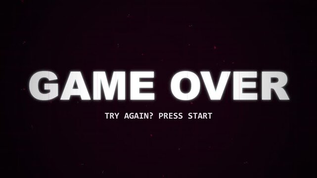 game over screen glitch effect, retro arcade text with subtitle try again press start, digital technology failure
